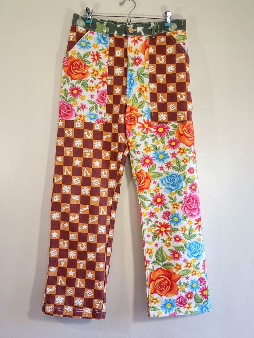 Big Bud Press MisMatched Work Pants Size Medium Cargo Utility Floral Lucky 7